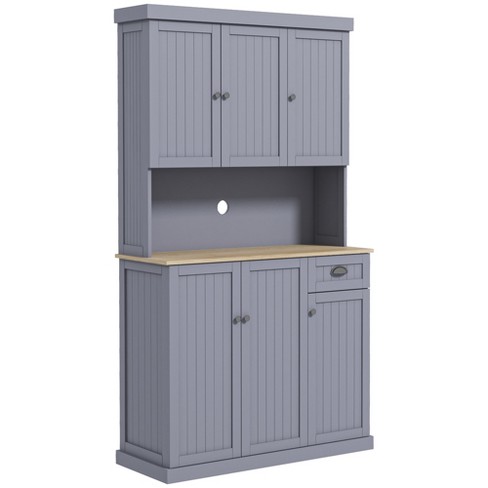 HOMCOM 63.5 Kitchen Buffet with Hutch, Pantry Storage Cabinet with 4 Shelves, Drawers, Framed Glass Doors - Grey