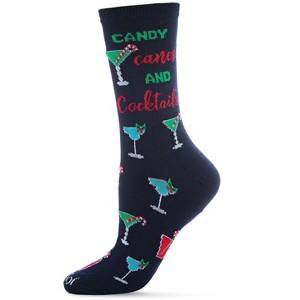 Memoi Women's Candy Canes & Cocktails Holiday Crew Socks Navy 9-11 - 1 of 4