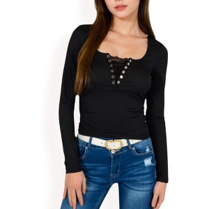 Anna-Kaci Women's Long Sleeve Lace Detail Henley Top with Decorative Buttons - 1 of 4