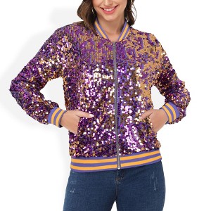 Anna-Kaci Women's Sequin Jacket Sparkle Long Sleeve Front Zip Casual Blazer Bomber Jacket With Pockets - 1 of 4