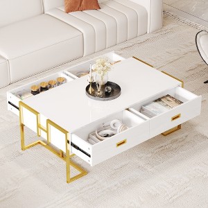 KWPZQEB Rectangular Coffee Table with Storage, Modern Center Table with 4 Drawers, 47.3" Accent Center Table with Gold Base for Living Room, Apartment - 1 of 4