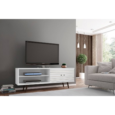 White Mid-Century Modern TV Stand with Cabinet and Shelves