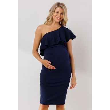 Hello Miz Maternity One-Shoulder Ruffle Bodycon Dress - Navy