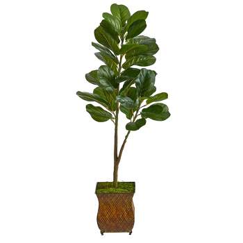 Nearly Natural 4-ft Fiddle Leaf Fig Artificial Tree in Metal Planter with Faux Moss