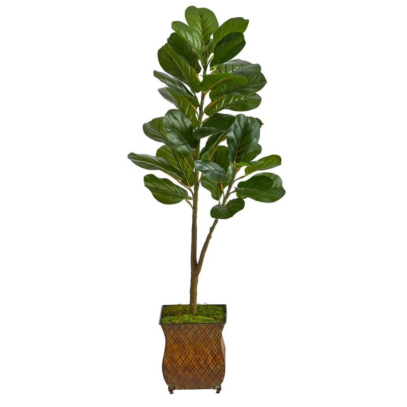 Nearly Natural 4-ft Fiddle Leaf Fig Artificial Tree in Metal Planter with Faux Moss, 1 of 5