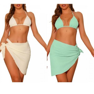Elerevyo Women's Halter Bikini Sets, Hollow Out Mesh Swimsuits with Sarong Cover Ups Beach Skirt Bathing Suit 3 Pcs 2 Sets - 1 of 4
