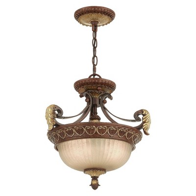 Villa Verona Bronze & Aged Gold Leaf 2-Light Pendant with Rustic Art Glass