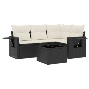 vidaXL 5 Piece Patio Sofa Set with Cushions Black and Cream Poly Rattan - With Table - 1 of 4
