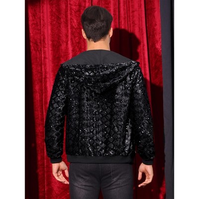 Lars Amadeus Men's Long Sleeves Shiny Metallic Sequins Argyle Printed Hooded Jacket Black X Large — фото 3