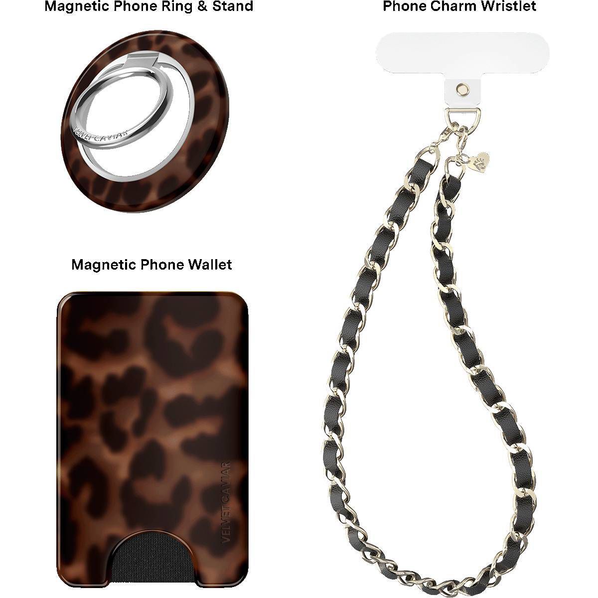 VELVET CAVIAR Phone Accessory Gift Set - Includes Magnetic Wallet, Magnetic Grip & Stand - Black Leather Chain