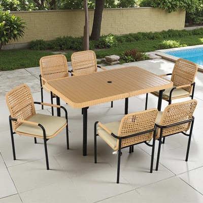 7-Piece Outdoor Patio Rattan Dining Set with Umbrella Hole and Cushions