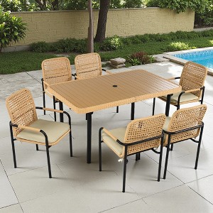 7-Piece Outdoor Patio Rattan Dining Set with Umbrella Hole and Cushions - 1 of 4