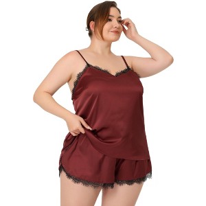 Agnes Orinda Women's Plus Size 2 Piece Lace Panel Spaghetti Straps Sleeveless Tank Elastic Waist Shorts Lounge Pajama Sets - 1 of 4