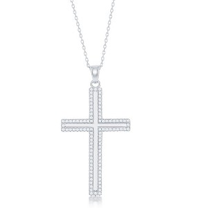 Bella Silver Sterling Silver High Polish CZ Outline Cross 18" Pendant Necklace - Silver - 1 of 2