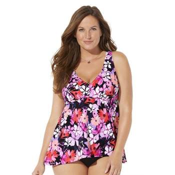 Swimsuits For All Women's Plus Size Loop Strap Tankini Top 12 Pink Tropical  Stripe