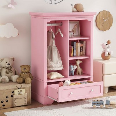 NicBex Kids Open Wardrobe Closet with Safety Rounded Corners, Hanging Rod & Drawers, Bedroom Dresser Storage, Storage Cabinet, Dresser for Closet