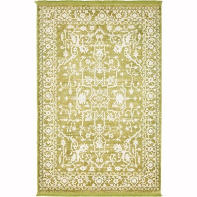 Light Green and Ivory Abstract Viscose Area Rug, 4' x 6'