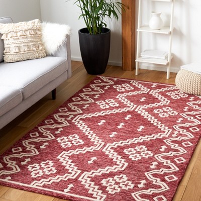 Ivory and Red Handmade Wool Abstract Tufted Rug, 5' x 8'