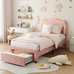 Twin Size Platform Bed Frame, Velvet Upholstered Bed Frame with Height Adjustable Bear-Shaped Headboard and Drawer, Noise Free, No Box Spring Needed - 1 of 4