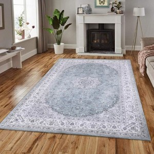 Washable Vintage Rug Non Slip Low Pile Rug Soft Throw Floor Cover Floral Foldable Indoor Carpet for Living Room Bedroom Playroom Nursery - 1 of 4