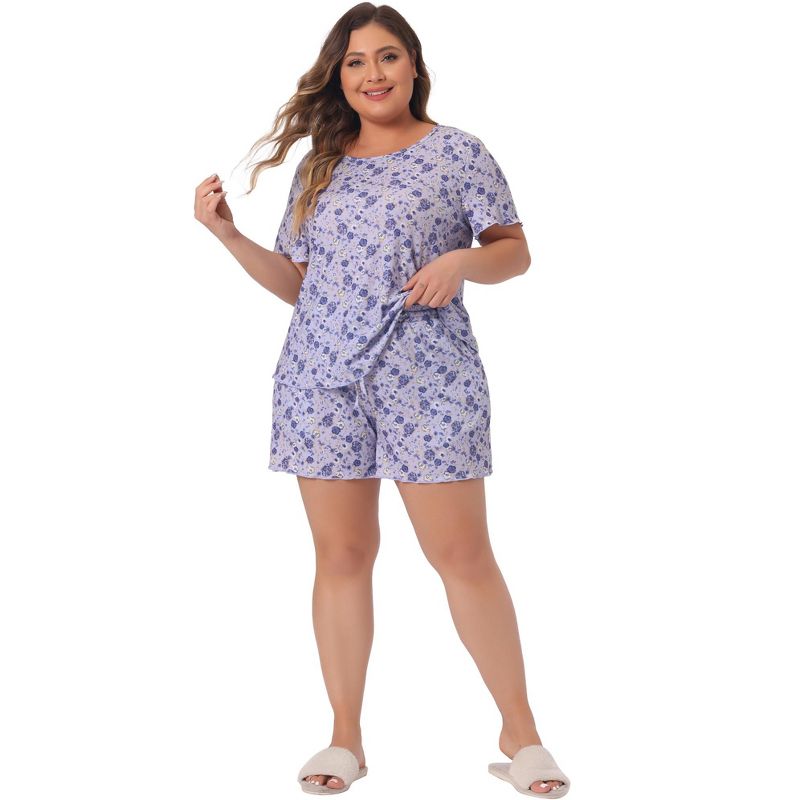 Agnes Orinda Women's Plus Size Ribbed Floral Printed Short Sleeve Pajamas Sets, 3 of 5
