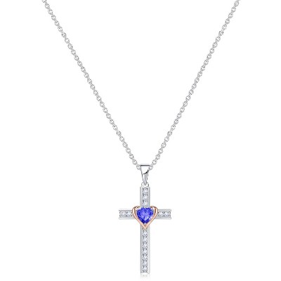 Molenia Birthstone Cross Necklace for Women, 925 Sterling Silver Heart Cross Pendant Necklace Fine Cross Jewelry Birthday Gifts for Her 18"+2" Inches