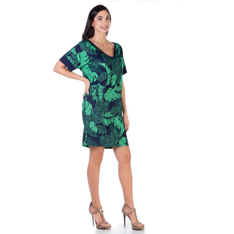 24seven Comfort Apparel Loose Fit Casual Green Leaf Print Knee Length T Shirt Dress, 2 of 5