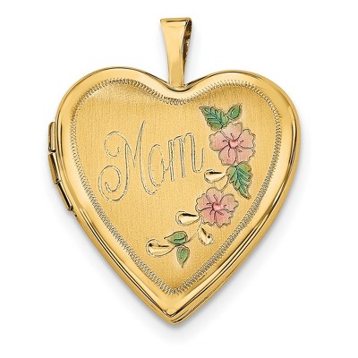 Black Bow Jewelry 14k Yellow Gold and Enamel Mom Floral Heart Locket, 20mm