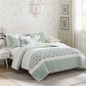 6 Piece Cotton Percale Quilt Set with Throw Pillows Aqua Full/Queen - 1 of 1