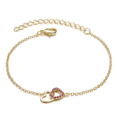 Kids 14K Yellow Gold plated double heart entwined bracelet with cubic zirconia sparkling elegant and perfect for everyday wear or special occasions