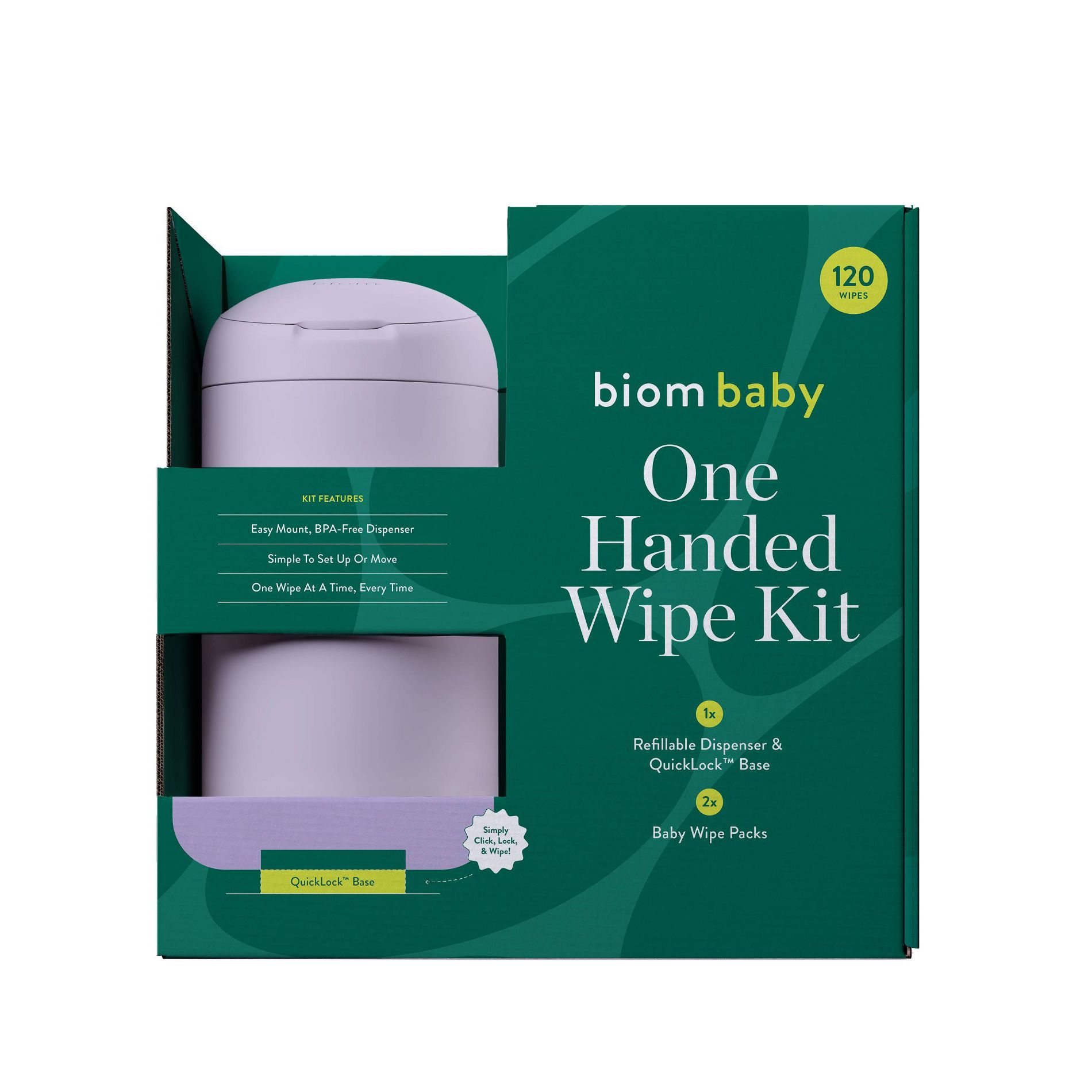 Biom 99% Water Hypoallergenic Baby Starter Kit - Lilac - Fragrance Free - 120ct: Refillable Container, Contains Aloe, Contains Vitamin E