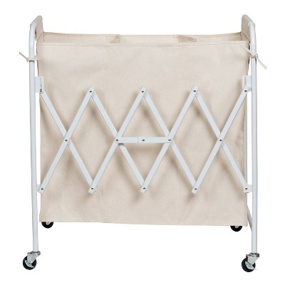 White Canvas Collapsible Triple Laundry Sorter with Wheels