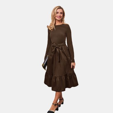 a line dress fall Long Sleeve Dress| On My League Brown Midi - Coffee/Espresso/Tobacco Color:Black Linen Nafori Candy Pink A-Line/Princess lowback Midi dress or casual gatherings