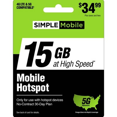 SIMPLE MOBILE Mobile Hotspot 15GB Data 30 Day Plan (EMAIL DELIVERY)- $34.99