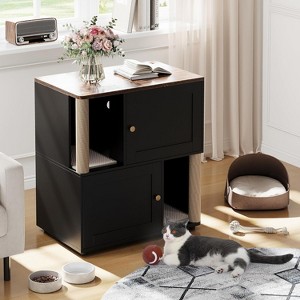 Wooden Double Cat Litter Box Enclosure Furniture, Two-Unit Hidden Litter Cabinet, Farmhouse Indoor Cat Cabinet with Scratching Mat, for Home - 1 of 4