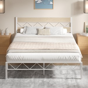 VECELO Metal Platform Bed Frame with Rustic Vintage Wooden Headboard, Heavy Duty Metal Slats Support - 1 of 4