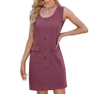 Women's Summer Sleeveless Mini Dress Casual Crewneck Button Tank Dresses Party Short T-Shirt Sundress with Pockets - 1 of 4