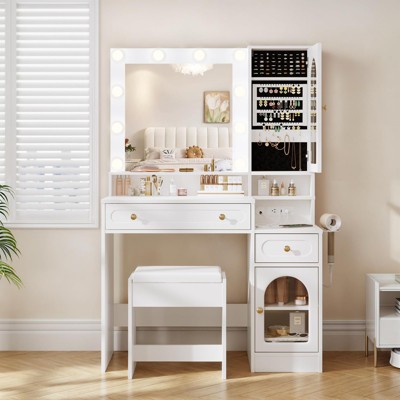 Vanity Desk with Mirror, Charging Station & 3 Lighting Modes, Adjustable Brightness Dresser, White