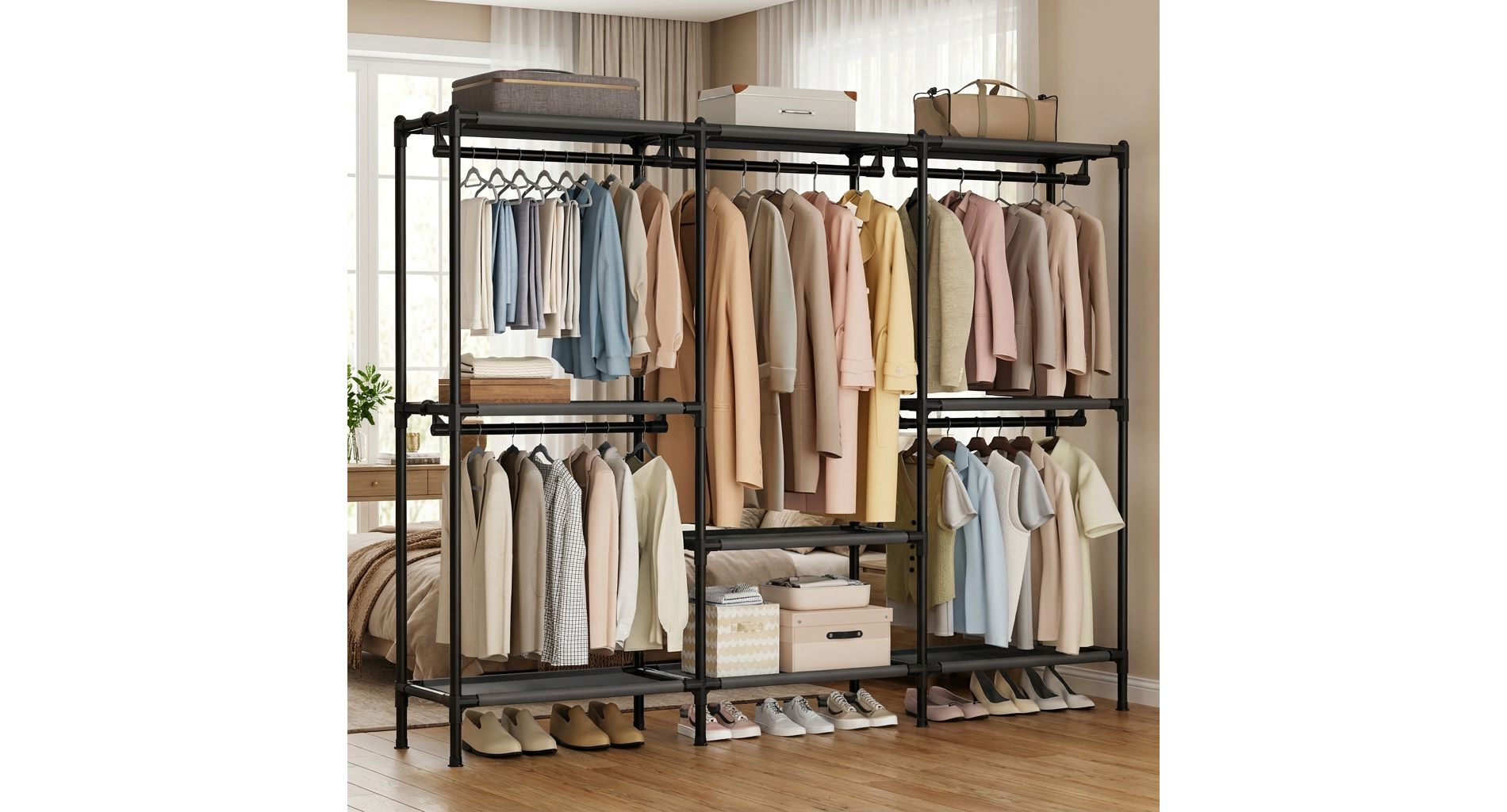 LEDREM Clothes Rack, Heavy Duty Freestanding Portable Wardrobe with Hanging Rails and Shelves, Black
