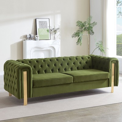 Okak Comfy Velvet Sofa 1pc with Tufted Backrest, Iron Legs Modern Loveseat Couch 3-seat for Apartments, living Room, Study, Green