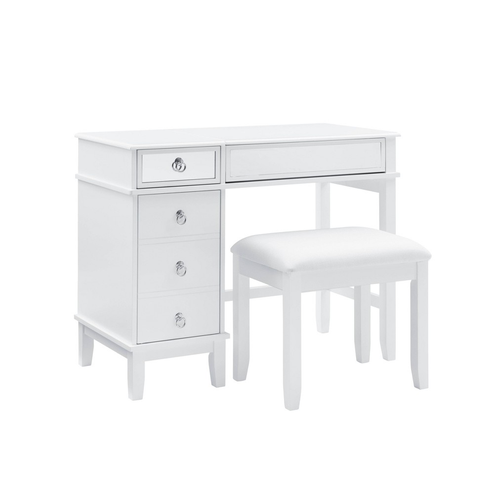 Eva Traditional Lift Up Mirror Vanity Set with Stool & Storage, White - Linon