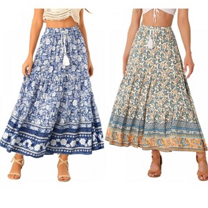 INSPIRE CHIC Women's Summer Floral Boho Tassels Elastic Waist Casual Maxi Skirts 2 Packs - 1 of 4