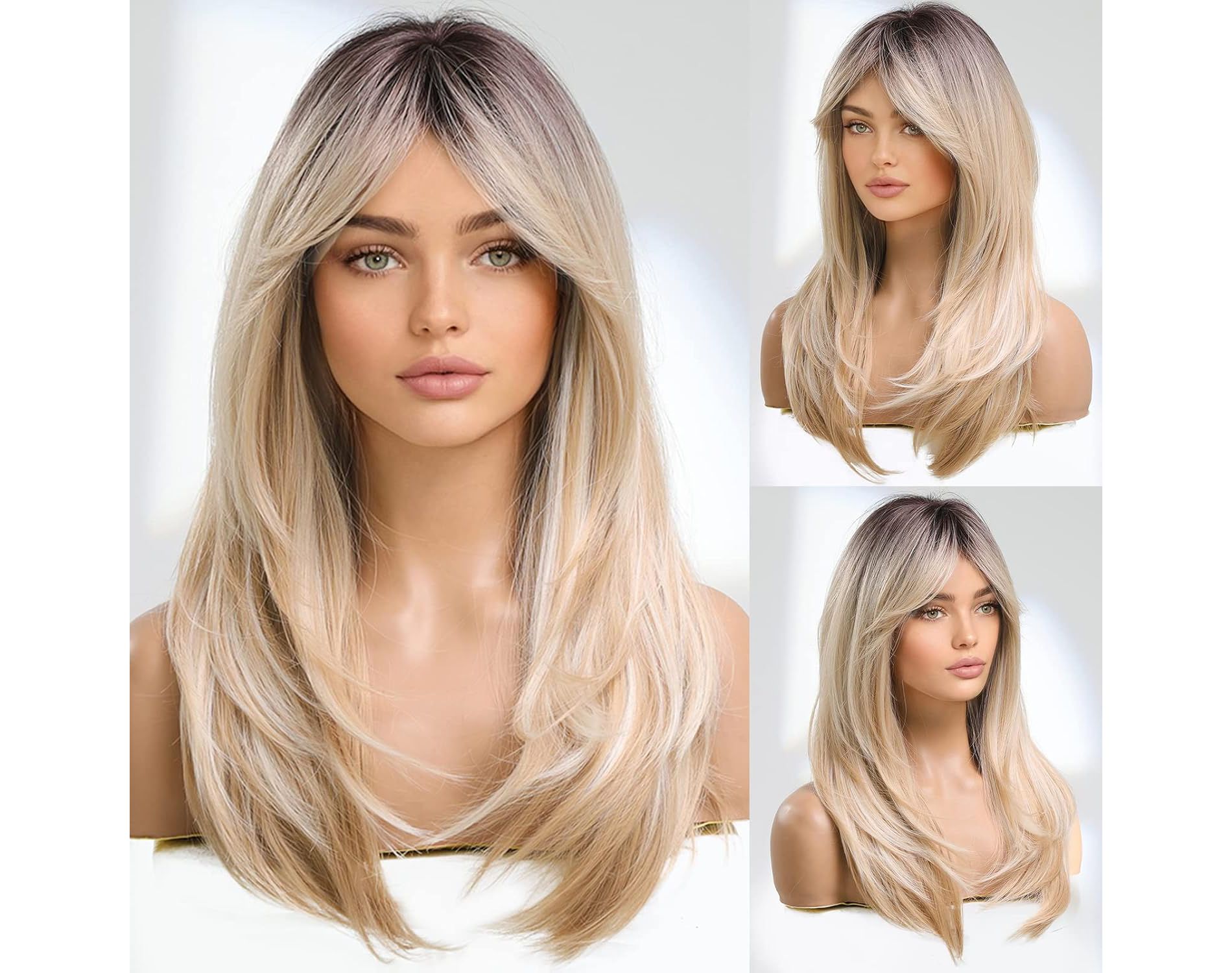Jessie's Wig 26 Inch Long Blonde Wig with Bangs Layered Synthetic Hair Wig with Dark Roots for Women 1 Pc/Pack
