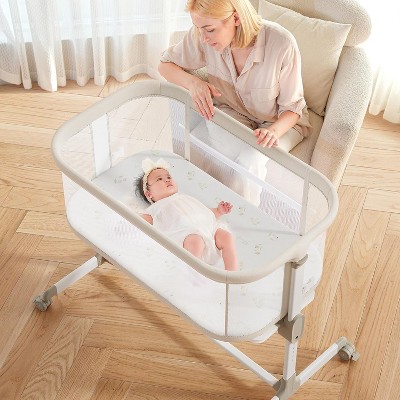 MYKKO Baby Bassinets Bedside Sleeper - All Mesh Bedside Bassinet with Wheels, 7 Height Adjustable Baby Bassinet for Infants, Beige