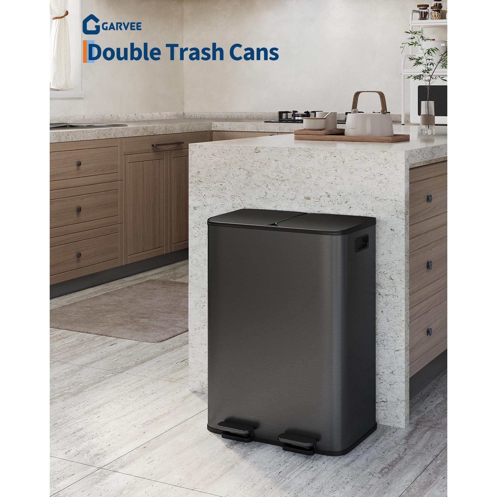2 x 8 Gallon Stainless Steel Double Trash Can with Lid for Kitchen, Large Dual Trash and Recycle Bin Combo, Step-on Kitchen Metal Garbage Cans