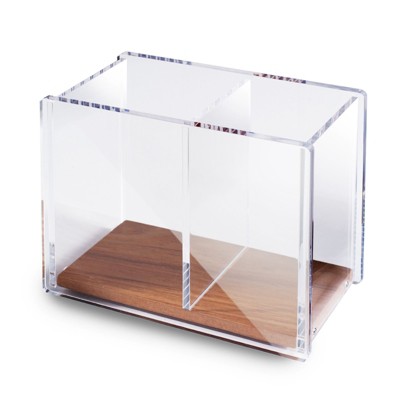 ZODACA Divided Clear Acrylic Wood Base Pen Holder