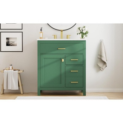 Okak 30" Modern Bathroom Vanity with Top Ceramic Sink, Solid Wood Frame Bathroom Storage Cabinet with Soft Closing Door & 3 Drawers