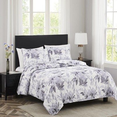 Gray Floral Microfiber Queen Quilt Set with Shams