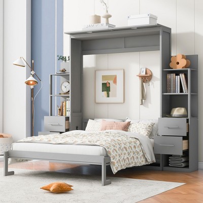NicBex Queen Size Murphy Bed Wooden Queen Bed Frame Morden Hideaway Wall Bed with 2 Side Storage Shelf and 4 Drawers for Apartment