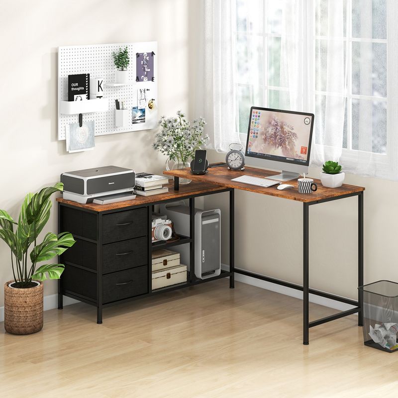 Costway L-shaped Computer Desk with Power Outlet, Drawers, Metal Mesh Shelves Rustic Brown/Black/White, 2 of 10